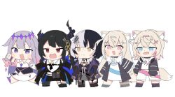Rule 34 | 5girls, animal ears, asymmetrical horns, black dress, black hair, blue eyes, blush, chibi, colored inner hair, demon horns, dog ears, dog tail, dress, fuwawa abyssgard, fuwawa abyssgard (1st costume), giao2 ng, holoadvent, hololive, hololive english, horns, koseki bijou, koseki bijou (1st costume), long hair, mococo abyssgard, mococo abyssgard (1st costume), multicolored hair, multiple girls, nerissa ravencroft, nerissa ravencroft (1st costume), open mouth, purple eyes, purple hair, red eyes, shiori novella, shiori novella (1st costume), shirt, shorts, siblings, simple background, sisters, split-color hair, standing, streaked hair, sweat, tail, twins, two side up, very long hair, virtual youtuber, white background, white dress, white shirt, white shorts, wolf cut