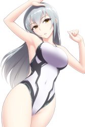 Rule 34 | 1girl, armpits, arms up, brown eyes, commentary request, competition swimsuit, covered navel, cowboy shot, idolmaster, idolmaster cinderella girls, long hair, looking at viewer, one-piece swimsuit, pataneet, silver hair, simple background, solo, swimsuit, takamine noa, white background, white one-piece swimsuit