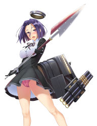 Rule 34 | 10s, 1girl, breasts, covered erect nipples, gloves, halo, highres, holding, holding polearm, holding spear, holding weapon, kantai collection, large breasts, looking at viewer, mechanical halo, open mouth, panties, personification, pink panties, polearm, purple eyes, purple hair, short hair, simple background, solo, spear, tatsuta (kancolle), tenkuu nozora, underwear, weapon, white background