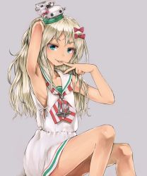 Rule 34 | 1girl, arm up, armpits, bare arms, bare shoulders, bow, collarbone, commentary request, diagonal-striped clothes, diagonal-striped neckerchief, diagonal-striped neckwear, dress, grecale (kancolle), green eyes, grey background, hair bow, hat, highres, kantai collection, knees up, kurou (bcrow), light brown hair, long hair, mini hat, red bow, sailor collar, sailor dress, sitting, sleeveless, sleeveless dress, solo, striped clothes, striped neckwear, very long hair, white dress, white sailor collar