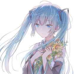 Rule 34 | 1girl, ahoge, blue eyes, blue hair, collar, detached sleeves, flower, hair ornament, hatsune miku, highres, holding, holding flower, long hair, matching hair/eyes, mimengfeixue, necktie, simple background, smile, solo, sunflower, twintails, upper body, vocaloid, white background