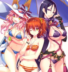 Rule 34 | 3girls, animal ears, bandeau, bare shoulders, bikini, black hair, bracelet, breasts, cleavage, collarbone, command spell, ears through headwear, elbow gloves, fate/grand order, fate (series), fingerless gloves, fujimaru ritsuka (female), fujimaru ritsuka (female) (brilliant summer), gloves, groin, hat, jewelry, large breasts, long hair, looking at viewer, medium breasts, minamoto no raikou (fate), multiple girls, nishimura eri, o-ring, o-ring bikini, official alternate costume, one eye closed, open mouth, orange hair, parasol, pink hair, purple eyes, side-tie bikini bottom, smile, striped bikini, striped clothes, swimsuit, tamamo (fate), tamamo no mae (fate/extra), tamamo no mae (swimsuit lancer) (fate), tamamo no mae (swimsuit lancer) (third ascension) (fate), umbrella, white hat, yellow eyes