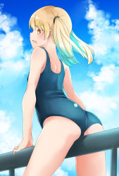 Rule 34 | 1girl, arm support, bare arms, bare shoulders, blonde hair, blue sky, blue one-piece swimsuit, blush, cloud, comah, day, hair tie, highres, looking at viewer, looking back, one-piece swimsuit, orange eyes, original, outdoors, parted lips, railing, school swimsuit, shoulder blades, sky, solo, straddling, swimsuit, twintails