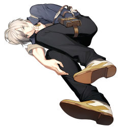 Rule 34 | 1boy, akiyoshi haru, colored tips, full body, gradient hair, green eyes, grey hair, jewelry, ludger will kresnik, lying, male focus, multicolored hair, on side, pants, pendant, shirt, shoes, solo, tales of (series), tales of xillia, tales of xillia 2, white background, white hair