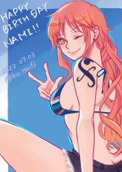 Rule 34 | 2022, ;), bare arms, bikini, bikini top only, black shorts, blue bikini, blue ribbon, breasts, brown eyes, butt crack, character name, closed mouth, dated, earrings, happy birthday, highres, jewelry, ko tori0, long hair, looking at viewer, medium breasts, nami (one piece), one eye closed, one piece, orange hair, ribbon, short shorts, shorts, shoulder tattoo, sideboob, sketch, smile, swimsuit, tattoo, torn clothes, torn shorts, twitter username, very long hair, w