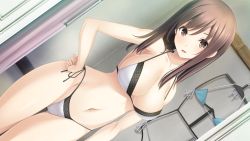 Rule 34 | 1girl, bare shoulders, bikini, breasts, brown eyes, brown hair, cameltoe, cleavage, game cg, hand on own hip, haru kiss, large breasts, legs, long hair, looking at viewer, mikoto akemi, navel, shiraishi aoi, smile, solo, standing, swimsuit, thighs, thong