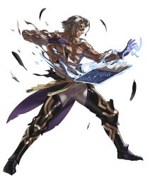 Rule 34 | 1boy, abs, armor, armored boots, book, boots, dark skin, dark-skinned male, feathers, fire emblem, fire emblem heroes, full body, gloves, grey hair, highres, injury, kozaki yuusuke, male focus, mask, muscular, mysterious man (fire emblem), official art, topless male, solo, teeth, torn clothes, transparent background