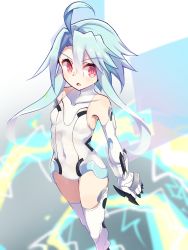 Rule 34 | bare shoulders, blanc (neptunia), blue hair, bodysuit, boots, breasts, gloves, highres, leggings, long hair, neptune (series), open mouth, red eyes, shimeji wyvern, small breasts, surprised, thighs, white heart (neptunia)
