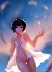 Rule 34 | 1girl, absurdres, babydoll, backlighting, black hair, blue eyes, bottomless, feathers, gluteal fold, highres, huykho192, lingerie, navel, no panties, original, solo, transformation, underwear, watermark, white babydoll