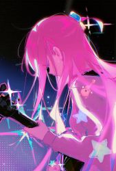 Rule 34 | 1girl, bocchi the rock!, closed eyes, gotoh hitori, guitar, cube hair ornament, hair ornament, highres, instrument, jacket, long hair, music, pink hair, pink jacket, playing instrument, rourow, solo, star (symbol), sweat, track jacket, upper body