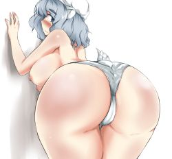 Rule 34 | 1girl, animal ears, ass, ass focus, bear ears, bear tail, bent over, blue eyes, blush, breasts, cameltoe, curvy, eyebrows, female focus, from behind, hat, highres, hip focus, huge ass, huge breasts, large breasts, letty whiterock, looking at viewer, looking back, nipples, panties, plump, ramoto, ramototu, short hair, grey eyes, silver hair, solo, tail, thick thighs, thigh gap, thighs, topless, touhou, underwear, white panties, wide hips