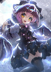Rule 34 | 1girl, :d, absurdres, animal ears, bird ears, bird wings, black thighhighs, blurry, brown eyes, depth of field, dfra, fang, hat, highres, light particles, long sleeves, looking at viewer, mystia lorelei, open mouth, pink hair, shirt, short hair, skin fang, skirt, smile, solo, thighhighs, touhou, vest, white shirt, white wings, wings, zettai ryouiki