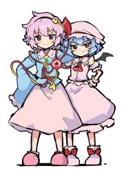 2girls ascot bat_wings black_hairband blouse blue_hair blue_shirt collared_shirt eyeball frilled_shirt_collar frills hairband hat heart heart_of_string highres komeiji_satori long_skirt long_sleeves looking_at_viewer messy_hair miz_(mizillustration) mob_cap multiple_girls pink_hair pink_shirt pink_skirt purple_eyes red_ascot red_eyes remilia_scarlet ribbon_trim shirt short_hair simple_background skirt skirt_set slippers smile third_eye touhou vampire white_background wide_sleeves wings wrist_cuffs