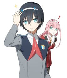 Rule 34 | !, 10s, 1boy, 1girl, black hair, blue eyes, commentary request, couple, darling in the franxx, fringe trim, gloves, green eyes, hair ornament, hairband, hand on hand, hand on own head, hetero, hiro (darling in the franxx), holding, horns, in mouth, long hair, military, military uniform, necktie, oni horns, orange neckwear, pink hair, red horns, red neckwear, short hair, sparkle, spoilers, toma (norishio), uniform, white gloves, white hairband, zero two (darling in the franxx)