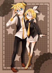 Rule 34 | 1boy, 1girl, blonde hair, blue eyes, blush, boots, bow, brother and sister, casual, glasses, hair bow, hair ornament, hairclip, highres, kagamine len, kagamine rin, natsu (natume0504), necktie, one eye closed, open mouth, ponytail, short hair, siblings, skirt, smile, twins, vest, vocaloid, wink