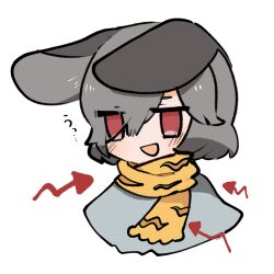 Rule 34 | 1girl, animal ears, animal print, arrow (symbol), blush, capelet, commentary request, cropped torso, ears down, grey hair, highres, jitome, kurotaro, mouse ears, nazrin, open mouth, red eyes, scarf, simple background, smile, solo, tiger print, touhou, translated, white background, yellow scarf
