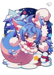 Rule 34 | 1girl, ;), animal, animal ear fluff, animal ears, beanie, blue capelet, blue coat, blue eyes, blue hair, blue hat, blush, bow, braid, capelet, closed mouth, coat, commentary request, cub, fang, fang out, fringe trim, fur-trimmed capelet, fur-trimmed coat, fur-trimmed headwear, fur trim, hair between eyes, hat, highres, koyomi (shironeko project), long hair, looking at viewer, low twintails, muuran, night, night sky, one eye closed, pine tree, pink hat, pink scarf, pom pom (clothes), red bow, red hat, red scarf, scarf, shironeko project, signature, sky, smile, snow, snowflakes, snowman, solo, star (sky), star (symbol), starry sky, tail, tarou (shironeko project), thick eyebrows, tree, twin braids, twintails, wolf, wolf ears, wolf girl, wolf tail