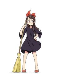 Rule 34 | 1girl, blush, bow, broom, brown hair, cosplay, dress, full body, hair bow, highres, kagari atsuko, kiki (majo no takkyuubin), kiki (majo no takkyuubin) (cosplay), little witch academia, looking at viewer, majo no takkyuubin, red bow, red eyes, seren lwa, sidelocks, smile, solo, studio ghibli, trait connection, witch