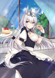 Rule 34 | 1girl, :q, absurdres, alternate costume, animal ears, apron, black hair, breasts, cake, cuffs, curtains, doughnut, enmaided, food, frills, highres, horse ears, horse girl, horse tail, large breasts, long hair, maid, multicolored hair, oguri cap (umamusume), open window, puffy short sleeves, puffy sleeves, sakurai momoka no musuko, short sleeves, silver hair, solo, tail, thighhighs, tongue, tongue out, tray, two-tone hair, umamusume, waist apron, white thighhighs, window, wing collar