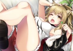 Rule 34 | 1girl, animal ear fluff, animal ears, arknights, arm up, black choker, black footwear, black jacket, blonde hair, blush, breasts, candy, choker, cleavage, commentary request, fang, feet out of frame, food, fur-trimmed jacket, fur trim, hand up, highres, holding, holding food, inumine aya, jacket, large breasts, lion ears, lollipop, long hair, long sleeves, looking at viewer, lying, on back, one eye closed, open mouth, red shorts, shoes, short shorts, shorts, siege (arknights), solo, tank top, thighs, white tank top, yellow eyes
