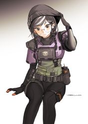 Rule 34 | 1girl, absurdres, armor, beanie, belt, belt pouch, black eyes, black hair, black hat, black pants, braid, check copyright, closed mouth, copyright request, devil lo, dokkaebi (rainbow six siege), elbow gloves, feet out of frame, glasses, gloves, gradient background, hat, highres, long hair, looking at viewer, multicolored hair, original, pants, pouch, radio, rainbow six siege, round eyewear, signature, sitting, smile, solo, south korean flag, tight clothes, tight pants, twin braids, two-tone hair, walkie-talkie, white background, white hair