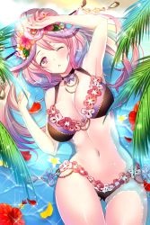 Rule 34 | 1girl, arm up, armpits, beach, blush, breasts, choker, chopsticks, cleavage, collarbone, day, flower, flower bikini, gluteal fold, groin, guki (houchi shoujo), hair flower, hair ornament, hair up, hairpin, hand up, head tilt, hibiscus, houchi shoujo, jewelry, koyama sao, large breasts, long hair, looking at viewer, lying, navel, necklace, ocean, on back, one eye closed, open mouth, palm leaf, partially submerged, pink hair, sand, sidelocks, solo, sparkle, stomach, swimsuit, tassel, thighs