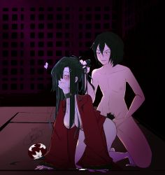 Rule 34 | 1boy, 1girl, all fours, black hair, blush, bottomless, breasts, choker, clothed female nude male, doggystyle, dress, grabbing another&#039;s hair, hair over one eye, hetero, highres, japanese clothes, kasugano tsubaki, lip biting, long hair, male pubic hair, mirai nikki, nude, ouji kosaka, pubic hair, sex, sex from behind