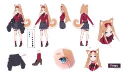 Rule 34 | 1girl, absurdres, animal ear fluff, animal ears, black bow, black sweater, blue eyes, blush, bow, brown footwear, character sheet, collared shirt, dog ears, dog tail, fran (gudanco (nyanmeowzer)), grey skirt, gudanco (nyanmeowzer), hair bow, high heels, highres, long hair, multiple views, off shoulder, original, parted lips, plaid, plaid skirt, red bow, red shirt, shirt, shirt tucked in, skirt, smile, sweater, tail