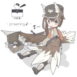 Rule 34 | 1girl, :&gt;, bird tail, bottle, box, brown hair, elbow gloves, gloves, grey eyes, hat, head wings, ibis1, japanese postal mark, monster girl, musical note, original, preening, quaver, scarf, shin guards, short hair, short hair with long locks, simple background, sitting, solo, spoken musical note, tail, white background, wings