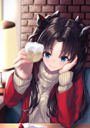 Rule 34 | 1girl, absurdres, black bow, black hair, blue eyes, blush, bow, brick wall, cafe, casual, closed mouth, commentary request, fate/stay night, fate (series), feeding, food, fruit, hair bow, highres, indoors, jacket, long hair, long sleeves, looking at viewer, open clothes, open jacket, parted bangs, pov, red jacket, smile, solo, strawberry, sweater, table, tohsaka rin, turtleneck, turtleneck sweater, two side up, upper body, white sweater, yu sa1126