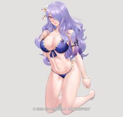 Rule 34 | 1girl, bare legs, bare shoulders, barefoot, bikini, blue bikini, breasts, camilla (fire emblem), camilla (summer) (fire emblem), cleavage, commentary, crazzeffect, fire emblem, fire emblem fates, fire emblem heroes, flower, grey background, hair flower, hair ornament, hair over one eye, highres, kneeling, large breasts, long hair, looking at viewer, navel, nintendo, official alternate costume, pink eyes, purple hair, simple background, solo, stomach, swimsuit, thighs, very long hair, white flower