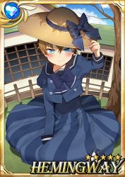 Rule 34 | 1boy, aged down, angry, annoyed, blonde hair, blue eyes, blush, carchet, card (medium), character name, child, crossdressing, day, dress, embarrassed, hair between eyes, hat, hemingway (sid story), male focus, outdoors, sid story, sky, solo, sun hat, trap