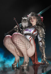 Rule 34 | 1girl, absurdres, animal, animal on shoulder, arm support, armor, ass, belt, black hair, breasts, cape, cat, fishnet thighhighs, fishnets, from below, gauntlets, gold trim, high heels, highres, holding, holding sword, holding weapon, large breasts, light smile, lips, long hair, looking at viewer, nail polish, original, realistic, reflective floor, shoulder armor, side slit, solo, squatting, sword, teeth, thighhighs, toenail polish, toenails, upper teeth only, vergilhoo, weapon