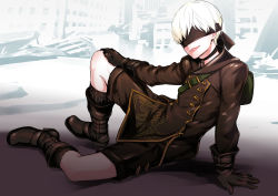 Rule 34 | 1boy, android, black footwear, black gloves, black socks, blindfold, boots, covered eyes, full body, gloves, gold trim, highres, kneehighs, male focus, nier:automata, nier (series), outdoors, shorts, sitting, socks, solo, spread legs, white hair, 9s (nier:automata)