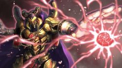 Rule 34 | 1boy, armor, bracelet, cape, cowboy shot, deadspike nine, duel monster, eldlich the golden lord, full armor, gauntlets, glowing, glowing eyes, gold armor, helmet, jewelry, male focus, multiple rings, necklace, outstretched arm, purple cape, red eyes, ring, shoulder spikes, solo, spikes, yu-gi-oh!