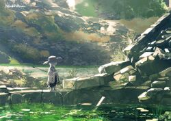 1boy algae brick_wall day final_fantasy final_fantasy_xiv holding holding_staff lake plant ruins scenery shadow staff stone_wall sunlight water wide_brim yabuka_shiwa