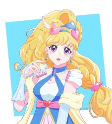 Rule 34 | asahina mirai, blonde hair, blue background, blue choker, blush, bracelet, choker, cowboy shot, cure miracle, cure miracle (sapphire style), dated, diamond-shaped brooch, earrings, gauntlets, hair ornament, hat, heart, heart hair ornament, highres, jewelry, long hair, mahou girls precure!, mini hat, mini witch hat, momotarouooi, open mouth, pink hat, precure, purple eyes, sash, shawl, upper body, white background, wide ponytail, witch hat