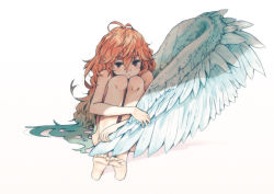 Rule 34 | 1girl, barefoot, blue eyes, brown hair, fetal position, gradient hair, hrd, hugging own legs, long hair, looking at viewer, messy hair, multicolored hair, nude, original, pout, single wing, sitting, solo, white background, wings