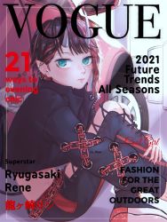 Rule 34 | 1girl, black footwear, black hair, black jacket, black nails, black pants, blue eyes, blush, car, chain, character name, closed mouth, commentary, cover, cropped jacket, cross-laced pants, demon girl, demon horns, demon tail, ear chain, ear piercing, english commentary, english text, expressionless, foot out of frame, highres, horns, ibispaint (medium), jacket, looking at viewer, looking to the side, magazine cover, motor vehicle, multicolored hair, nail polish, nanashi inc., open clothes, open jacket, pants, piercing, pointy ears, red hair, red pants, ryugasaki rene, ryugasaki rene (1st costume), shoes, short hair, sneakers, solo, sugar lyric, tail, two-tone hair, two-tone pants, virtual youtuber, vogue (magazine), za illust, zipper