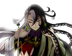 Rule 34 | 1boy, adjusting hair, ashiya douman (fate), asymmetrical clothes, asymmetrical hair, backlighting, bad id, bad pixiv id, bell, black eyes, black hair, closed mouth, curly hair, earrings, closed eyes, eyeshadow, fate/grand order, fate (series), fingernails, green eyeshadow, green kimono, green lips, green nails, hair bell, hair between eyes, hair intakes, hair ornament, highres, japanese clothes, jewelry, kimono, lipstick, long hair, magatama, magatama earrings, makeup, male focus, multicolored hair, nail polish, onmyouji, open clothes, open kimono, ribbed sleeves, sharp fingernails, solo, split-color hair, two-tone hair, upper body, very long fingernails, very long hair, white hair, yu (13377)