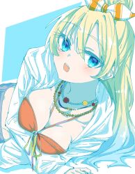 Rule 34 | 1girl, bead necklace, beads, bikini, bikini top only, blonde hair, blue background, blue eyes, blue hair, bow, breasts, cleavage, commentary, fang, front-tie bikini top, front-tie top, gradient hair, hair between eyes, hair bow, hair bun, highres, jacket, jewelry, light blue hair, light blush, link! like! love live!, long hair, looking at viewer, love live!, lying, medium breasts, multicolored hair, multiple necklaces, necklace, official alternate costume, official alternate hairstyle, on side, open clothes, open jacket, open mouth, orange bikini, osawa rurino, parted bangs, single hair bun, solo, striped bow, swimsuit, teeth, upper body, upper teeth only, vertical-striped bow, virtual youtuber, white jacket, yasaibatake (yasaibatakue)