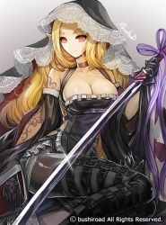 Rule 34 | 10s, 1girl, artist name, battle sister mille-feuille, black footwear, black thighhighs, blonde hair, boots, breasts, cardfight!! vanguard, cleavage, company name, full body, gloves, grey background, large breasts, long hair, moreshan, nun, pointy ears, red eyes, sitting, solo, sword, tattoo, thigh boots, thighhighs, veil, weapon