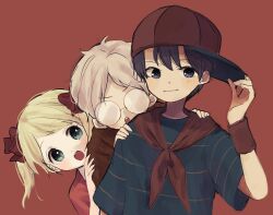 Rule 34 | 1girl, 2boys, ana (mother), baseball cap, blonde hair, blue eyes, closed mouth, commentary request, dress, glasses, hat, highres, kohori, lloyd (mother), mother (game), mother 1, multiple boys, ninten, nintendo, pink dress, red background, shirt, short twintails, striped clothes, striped shirt, twintails