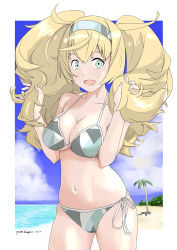 Rule 34 | 1girl, aqua eyes, beach, bikini, blonde hair, blue bikini, breasts, camouflage, camouflage bikini, cleavage, cloud, dated, day, gambier bay (kancolle), hairband, halterneck, holding, holding own hair, kantai collection, large breasts, long hair, ocean, open mouth, palm tree, side-tie bikini bottom, signature, sky, solo, string bikini, swimsuit, tree, twintails, yunsuku
