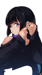 Rule 34 | absurdres, aqua eyes, black dress, black hair, blunt bangs, blush, bocchi the rock!, chin piercing, clothing cutout, colored inner hair, dress, ear piercing, earrings, goth fashion, hand on own ear, highres, hime cut, jewelry, long hair, long sleeves, looking to the side, megateru, multicolored hair, pa-san, piercing, shoulder cutout, white background