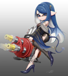 Rule 34 | 1girl, bare shoulders, bat wings, black thighhighs, blue eyes, blue footwear, blue hair, blue shawl, breasts, cleavage, closed mouth, commentary, commission, full body, gradient background, grey background, gun, hair intakes, high heels, highres, holding, holding gun, holding weapon, hydra splatling (splatoon), inkling, inkling girl, inkling player character, jewelry, large breasts, long hair, mole, mole under eye, nintendo, pointy ears, puchiman, shawl, signature, simple background, single thighhigh, smile, solo, splatoon (series), splatoon 3, tentacle hair, thighhighs, weapon, wings
