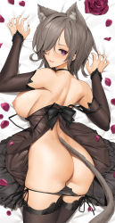 Rule 34 | 1girl, :q, animal ear fluff, animal ears, ass, bare shoulders, bed sheet, black panties, black thighhighs, breasts, cat ears, cat girl, cat tail, commentary, dakimakura (medium), detached sleeves, english commentary, flower, grey hair, hair over one eye, heart, heart-shaped pupils, highres, honkai (series), honkai impact 3rd, large breasts, looking at viewer, looking back, lying, nail polish, nipples, off shoulder, on stomach, one eye closed, panties, panty pull, petals, purple eyes, rita rossweisse, short hair, side-tie panties, smile, solo, symbol-shaped pupils, tail, thighhighs, tongue, tongue out, tony guisado, underwear