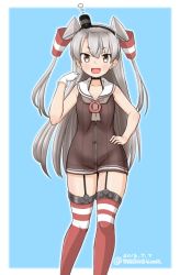 Rule 34 | 1girl, adapted costume, amatsukaze (kancolle), brown dress, brown eyes, dated, dress, feet out of frame, garter straps, gloves, hair tubes, hand on own hip, hat, horizontal-striped legwear, kantai collection, lifebuoy, long hair, masara (chuujou), mini hat, red thighhighs, sailor dress, short dress, silver hair, simple background, single glove, sleeveless, sleeveless dress, solo, striped clothes, striped thighhighs, swim ring, thighhighs, twitter username, two-tone background, two side up, white background