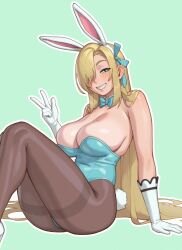 Rule 34 | 1girl, absurdres, animal ears, asuna (blue archive), asuna (bunny) (blue archive), blue archive, blue eyes, blue leotard, blush, bow, bowtie, breasts, cleavage, fake animal ears, gloves, hair over one eye, halo, highres, huge breasts, leotard, long hair, looking at viewer, mole, mole on breast, official alternate costume, pantyhose, playboy bunny, rabbit ears, riz, smile, solo
