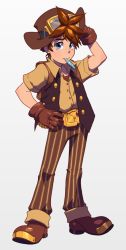 Rule 34 | 1boy, bad id, bad tumblr id, belt buckle, blue eyes, braxton barson, brown hair, buckle, candy, cryamore, food, gloves, goggles, goggles on head, hand on own hip, hat, male focus, official art, pinstripe legwear, pinstripe pattern, robaato, short hair, solo, striped, vest